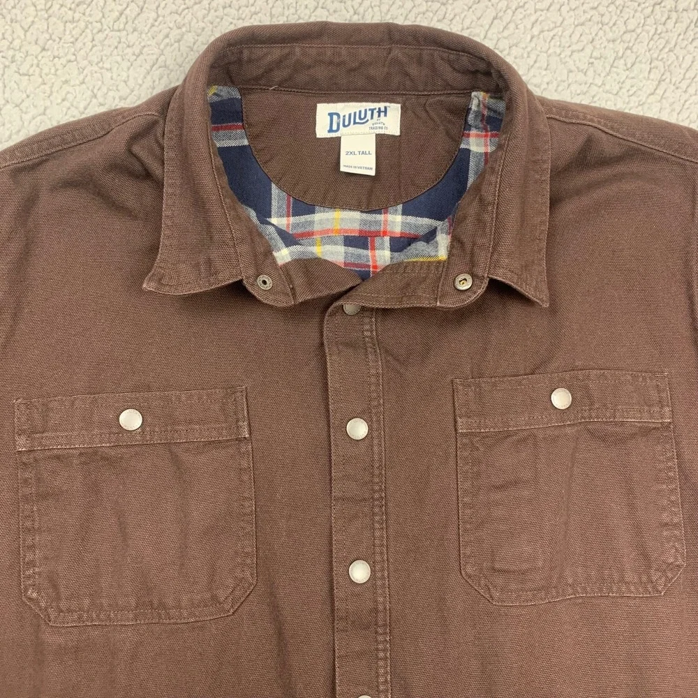 Duluth Trading Co Shirt Jacket Mens 2XL Tall Brown Cotton Canvas Plaid‎ Lined